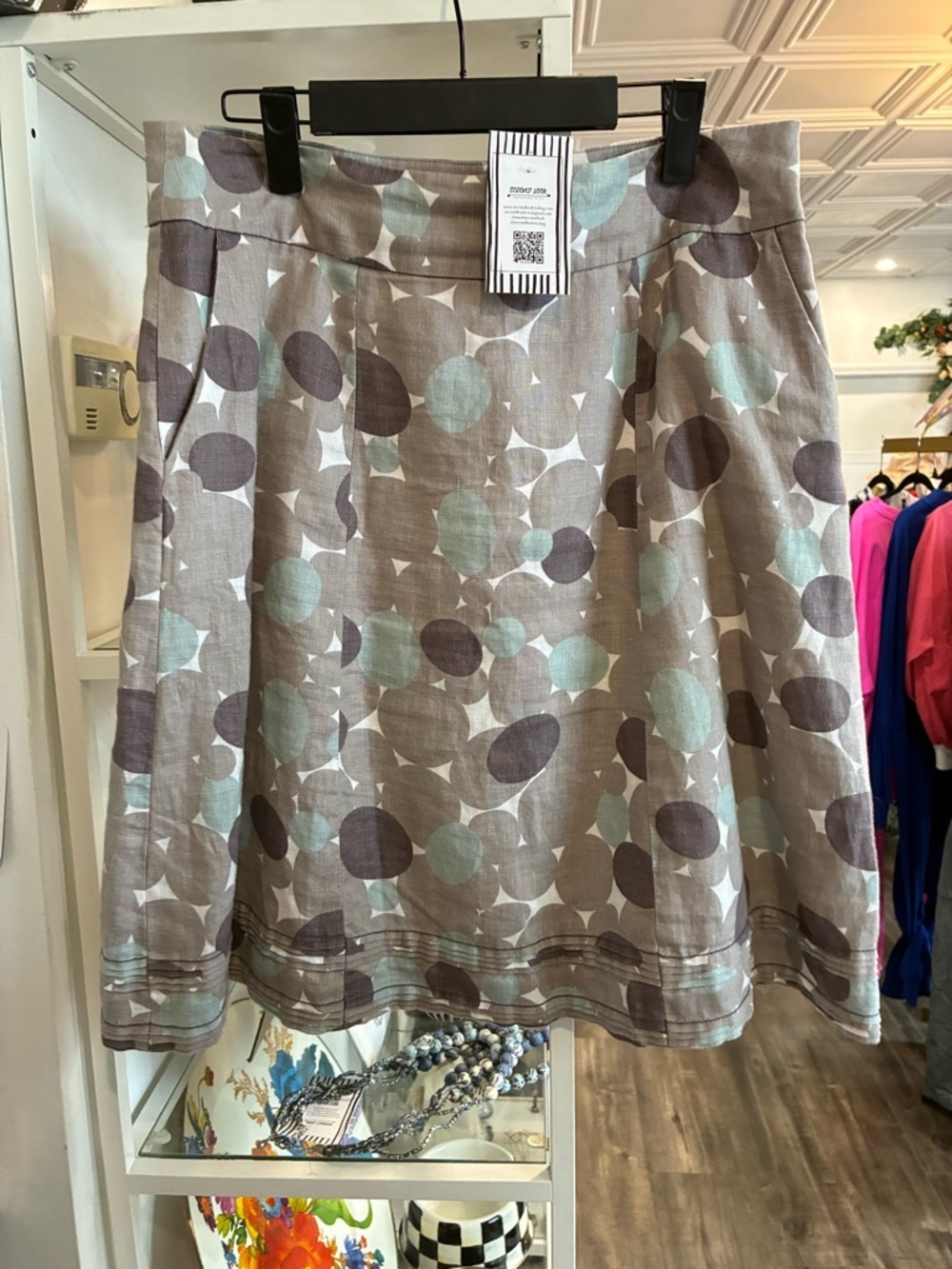 Boden Casual A-Line Skirt in Taupe with Mint and Dark Gray Circles 8R